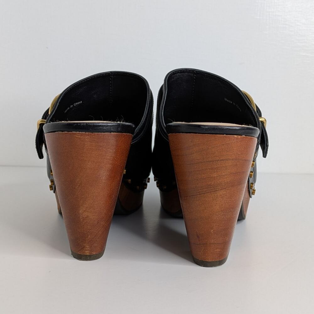 Veronica Beard Hendrix Platform Clogs 9 Black Leather Wood Heel Slip On Mules - Picture 6 of 16
